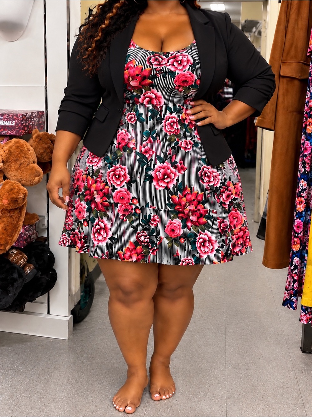 Black & Pink Floral Fit-and-Flare Mini Dress 2X
